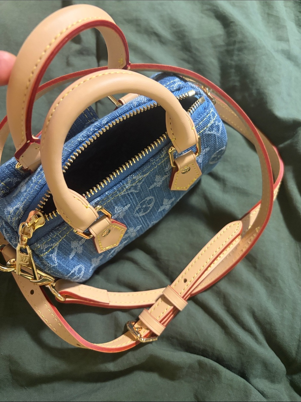 Blue Denim Top-Handle Women’s Bag with Tan Handles